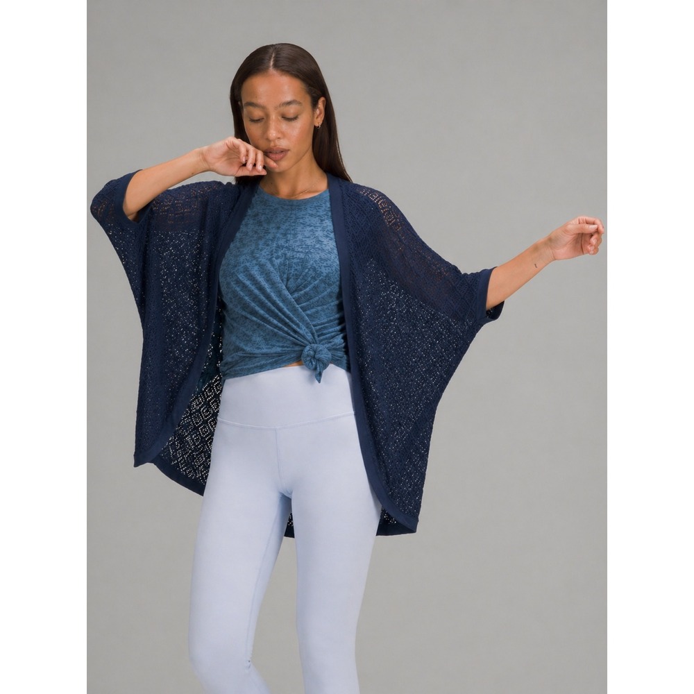 ModCloth Navy Blue Crochet Knit Cardigan Open Front L/XL Boho Pointelle‎ Kimono